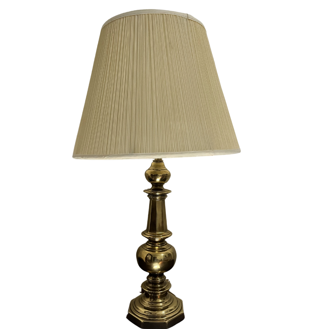 Vintage 34' in Tall Mid-Century Modern Stiffel-Style Heavy Brass Table Lamp 3-Way Light w/ Original Beige Pleated Lamp Shade