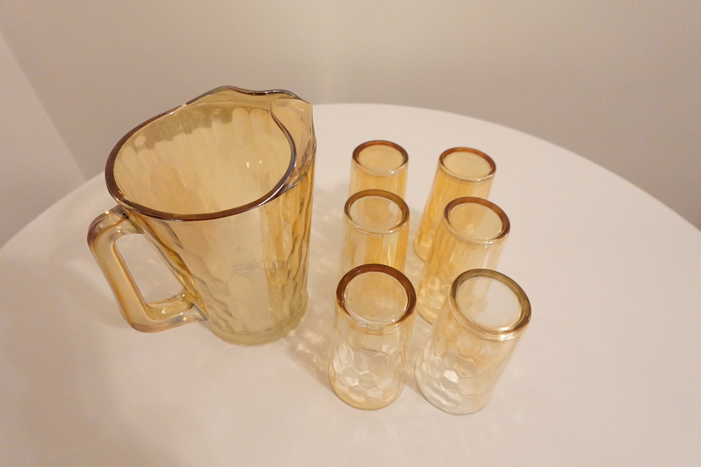 Hex Optic Iridescent Jeannette Glass Pitcher and Set of 6 Glasses