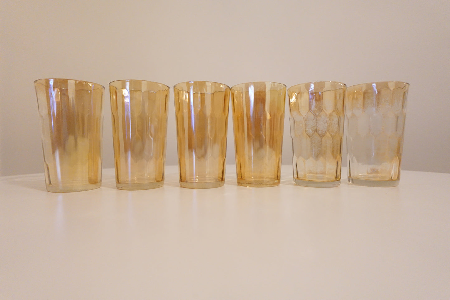 Hex Optic Iridescent Jeannette Glass Pitcher and Set of 6 Glasses