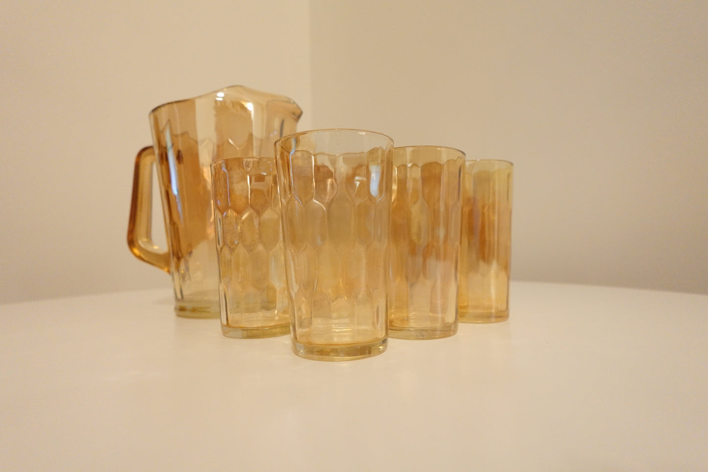 Hex Optic Iridescent Jeannette Glass Pitcher and Set of 6 Glasses